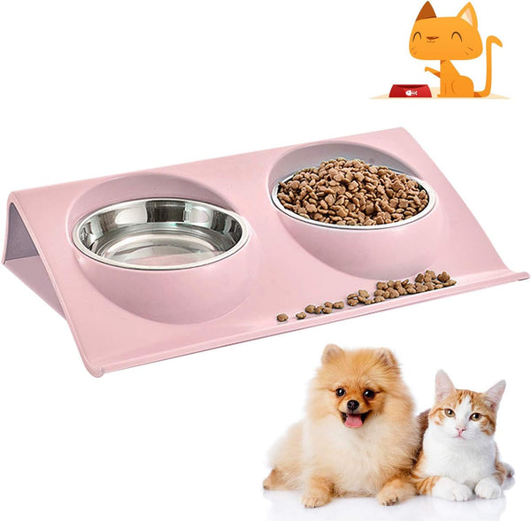 Cat Food Bowl Double Stainless Steel Non Slip Bowls Set Cat Bowls