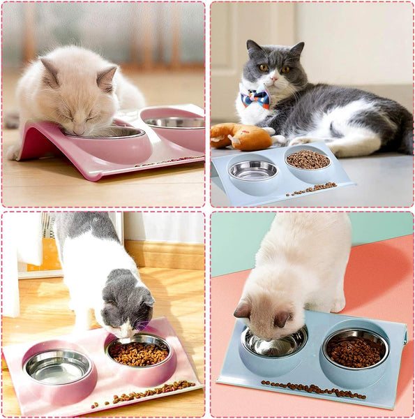 Cat Food Bowl Double Stainless Steel Non Slip Bowls Set Cat Bowls