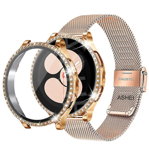 Stainless Steel Bracelet Compatible With Samsung Galaxy Watch 4 5 6 40Mm 44Mm Mesh Loop Bling Case Gold Set Watch Bands
