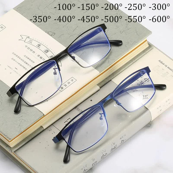 Anti Blue Light Myopia Glasses Ready Made Business Men Women Metal Square Diopter 0 0.5 1.0 1.5 To 6.0 3 Reading Glasses