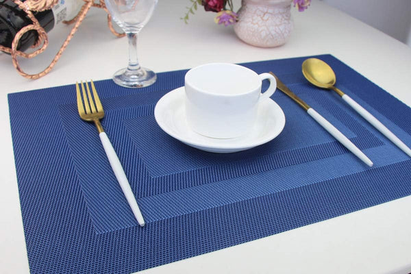 Washable Woven Vinyl For Dining Tables Easy To Clean Plastic Set Of 6 (18 X12 Inch Navy Blue) Placemats