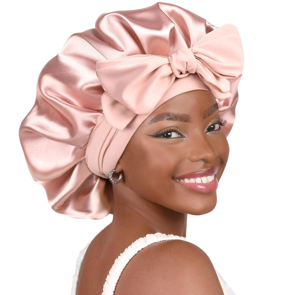 Satin Bonnet Silk For Sleep Double Layered Lined Hair Cap With Ties Bonnets Women Natural Curly Pink Hair Accessories