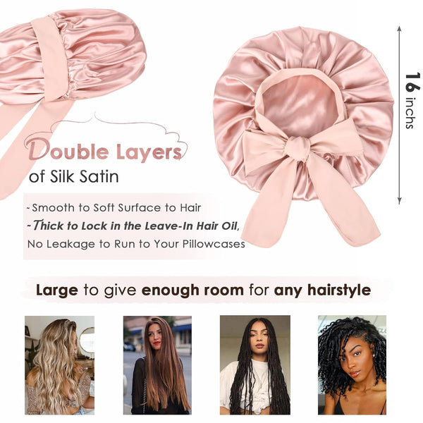 Satin Bonnet Silk For Sleep Double Layered Lined Hair Cap With Ties Bonnets Women Natural Curly Pink Hair Accessories