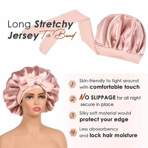 Satin Bonnet Silk For Sleep Double Layered Lined Hair Cap With Ties Bonnets Women Natural Curly Pink Hair Accessories
