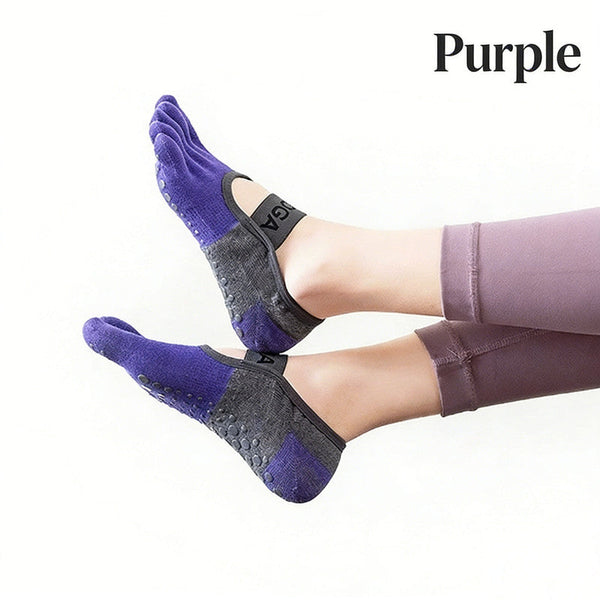 Purple Five Toe Yoga With Anti Slip Pvc Grip Socks