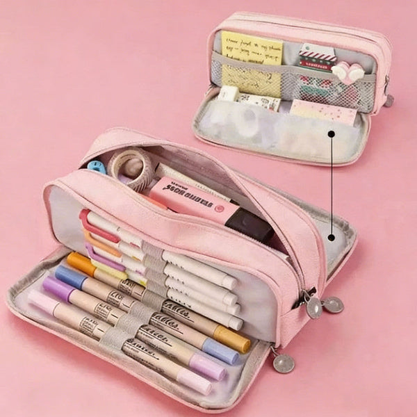Large Capacity Pencil Case 3 Compartment Pouch Bag For School Teen Girl Boy Men Women (Pink) Pencil Cases