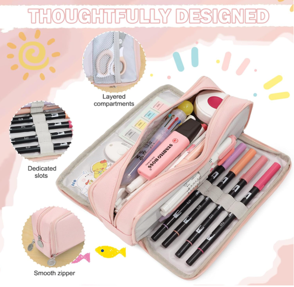 Large Capacity Pencil Case 3 Compartment Pouch Bag For School Teen Girl Boy Men Women (Pink) Pencil Cases