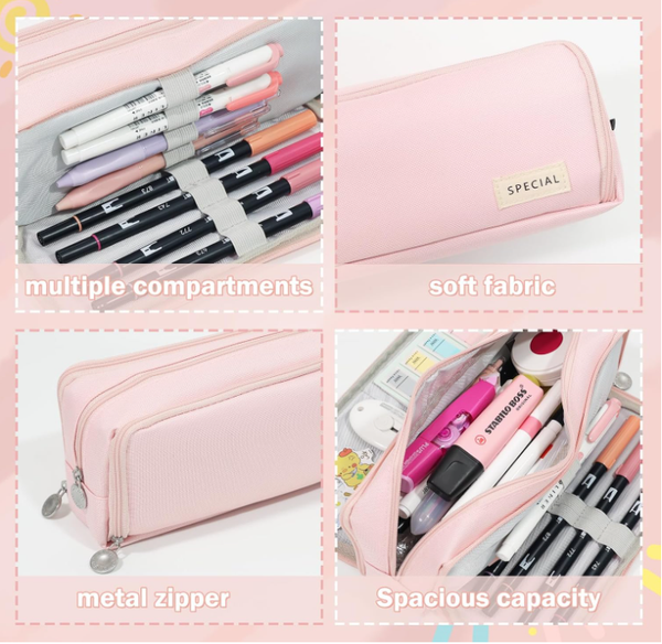 Large Capacity Pencil Case 3 Compartment Pouch Bag For School Teen Girl Boy Men Women (Pink) Pencil Cases