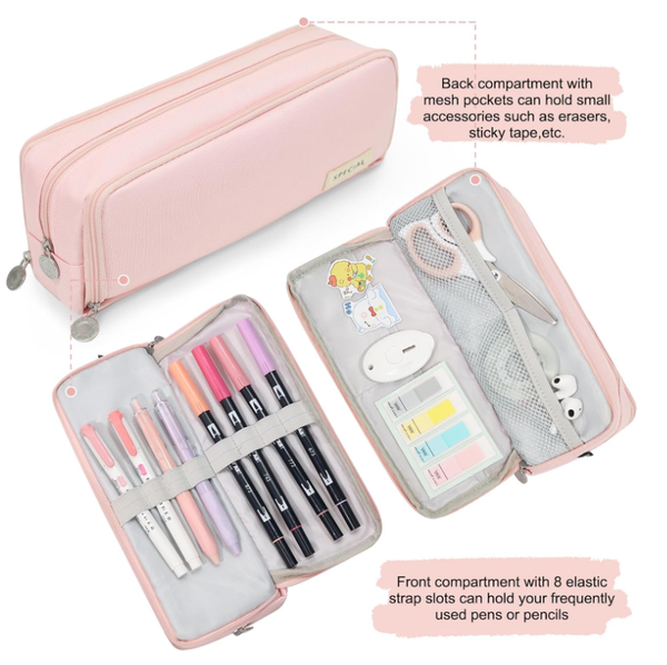 Large Capacity Pencil Case 3 Compartment Pouch Bag For School Teen Girl Boy Men Women (Pink) Pencil Cases