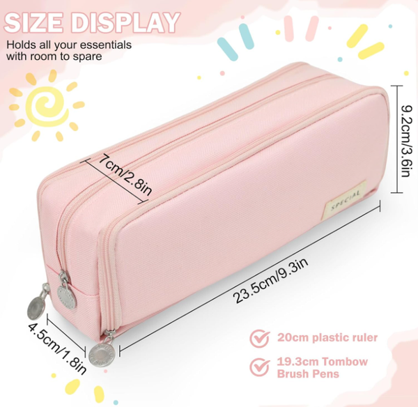 Large Capacity Pencil Case 3 Compartment Pouch Bag For School Teen Girl Boy Men Women (Pink) Pencil Cases