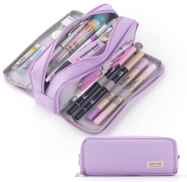 Large Capacity Pencil Case 3 Compartment Pouch Bag For School Teen Girl Boy Men Women (Purple) Pencil Cases
