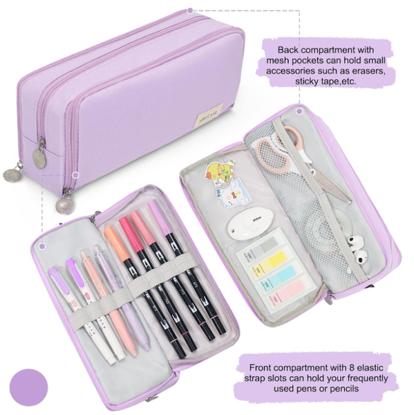 Large Capacity Pencil Case 3 Compartment Pouch Bag For School Teen Girl Boy Men Women (Purple) Pencil Cases