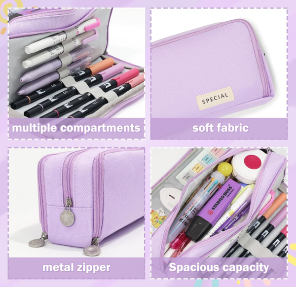 Large Capacity Pencil Case 3 Compartment Pouch Bag For School Teen Girl Boy Men Women (Purple) Pencil Cases