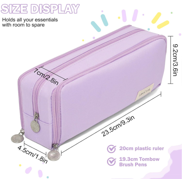 Large Capacity Pencil Case 3 Compartment Pouch Bag For School Teen Girl Boy Men Women (Purple) Pencil Cases