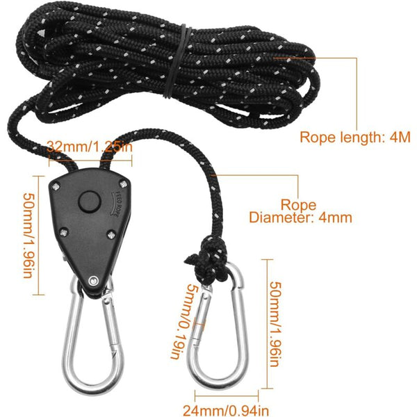 2 Pieces 4M Adjustable Ratchet Rope 1/8 Black Pulley With Replacement Hooks Reflective Ratchet Wrenches