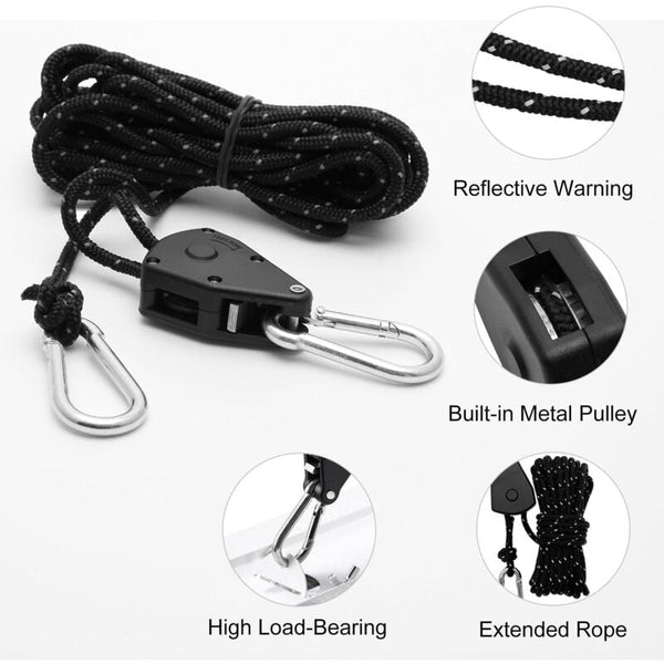2 Pieces 4M Adjustable Ratchet Rope 1/8 Black Pulley With Replacement Hooks Reflective Ratchet Wrenches