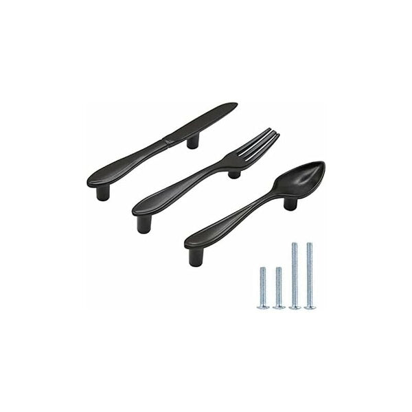 3 Pack Knife Spoon Fork Shape Door Handles Hole Center 3" Matte Black Cabinet Pulls