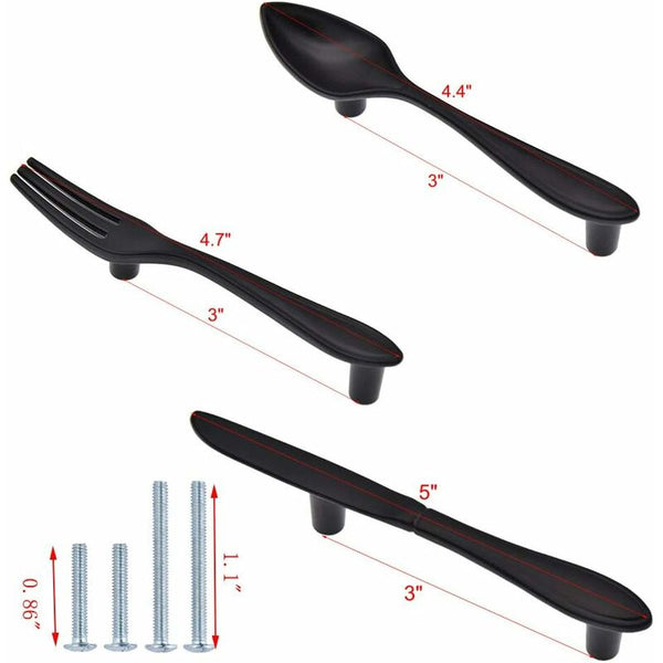 3 Pack Knife Spoon Fork Shape Door Handles Hole Center 3" Matte Black Cabinet Pulls