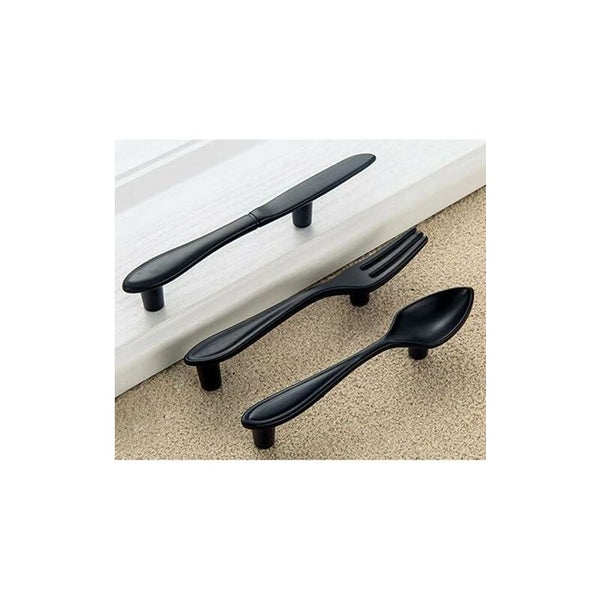 3 Pack Knife Spoon Fork Shape Door Handles Hole Center 3" Matte Black Cabinet Pulls