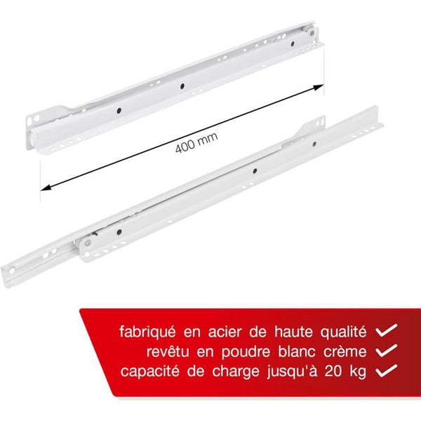 2X White Partial Extension Drawer Slides 400Mm 20Kg Load Capacity Cabinet Pulls