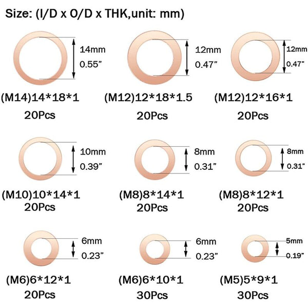 Copper Metal Washers Gaskets Sealing Ring Flat O With Box For 200 Pcs/M5 M6 M8 M10 M12 M14 Screws & Bolts