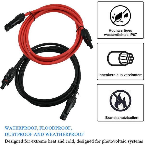 Solar Photovoltaic Extension Line Panel Cable With Mc4 Connector Red + Black Pair 14Awg 3 Meters / 10 Solar Panels & Kits