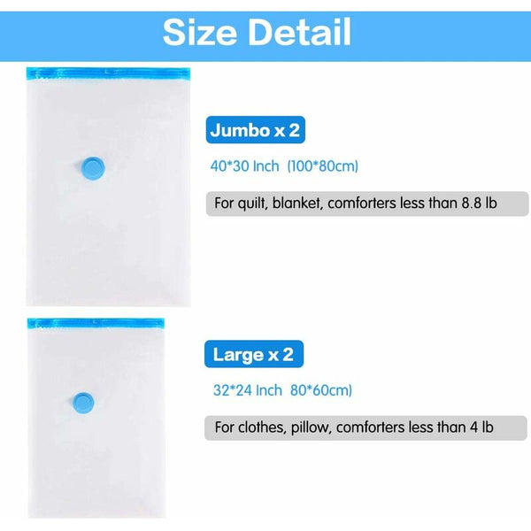 4 Pack Vacuum : 2 Jumbo (100X80cm) Large (80X60cm) Waterproof Storage Bags