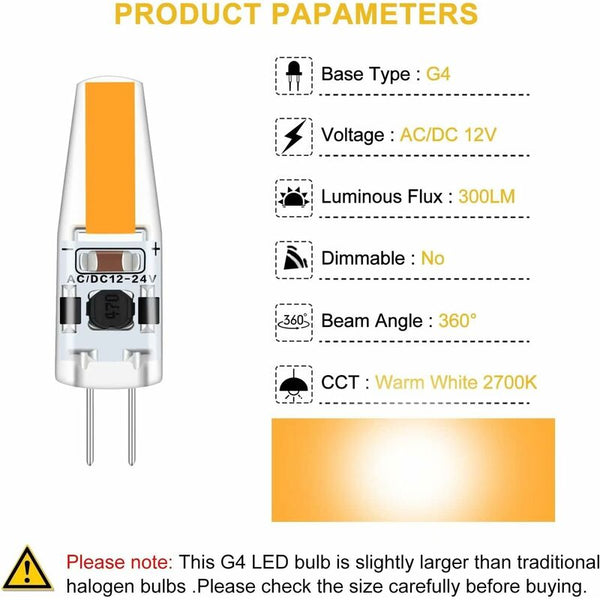 G4 Led 3W 12V Ac/Dc Equivalent To 30W Halogen 300Lm Warm White 2700K Non Dimmable Light Bulbs