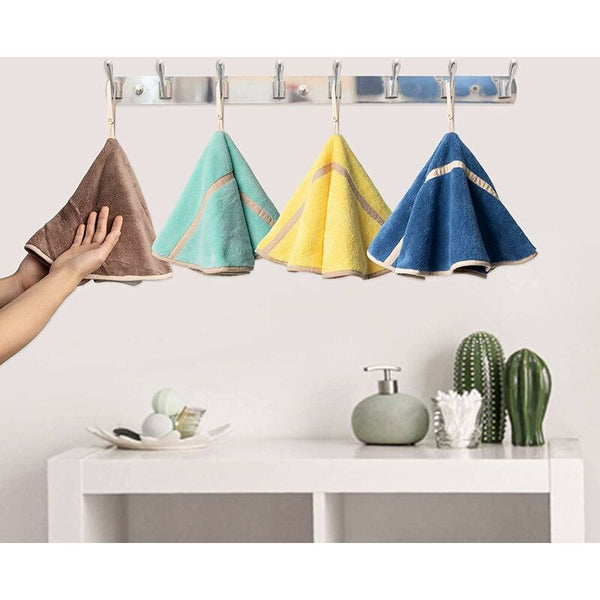4 Pack Hanging Hand Towels With Loop Absorbent Coral Fleece Bathroom Soft Thick Round (4 Towels & Washcloths