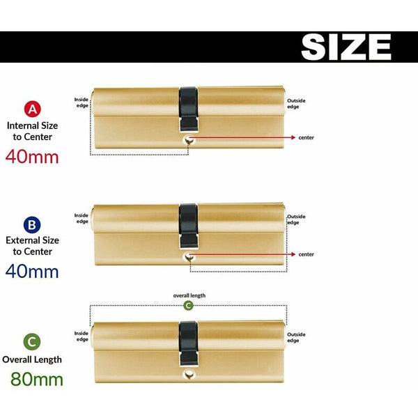 Lock Cylinder 40/40 (80Mm) Homek Double Door European With Keys Brass Finish Anti Drill Door Locks & Lock Mechanisms