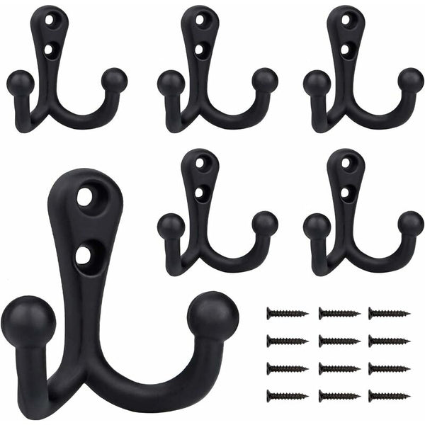 6 Pack Retro Double Coat Hooks Black Metal For Racks & Racks & Hooks