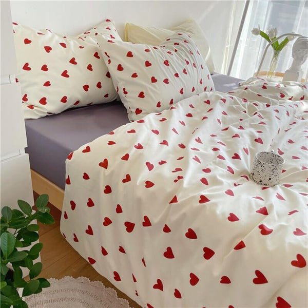 Heart Duvet Cover 200X230 Red With Pillowcases 48X73 Cm And White Microfiber Bedding Set Adult Double Quilt Covers