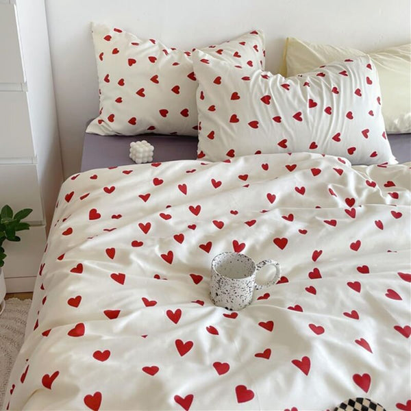 Heart Duvet Cover 200X230 Red With Pillowcases 48X73 Cm And White Microfiber Bedding Set Adult Double Quilt Covers