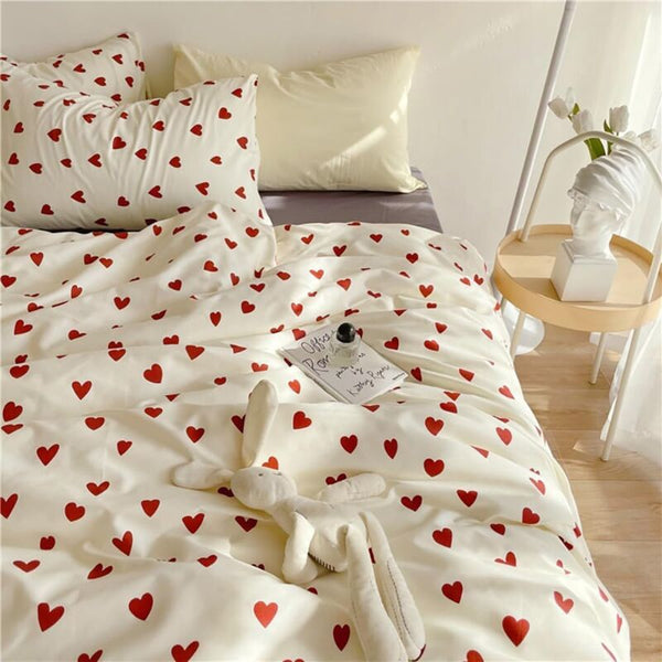Heart Duvet Cover 200X230 Red With Pillowcases 48X73 Cm And White Microfiber Bedding Set Adult Double Quilt Covers