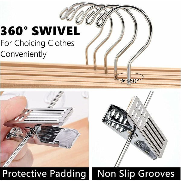 Home 10 Pack 32Cm Natural Wooden Hangers For Pants Skirts Socks Underwear Non Slip With Clips Clothes Hangers