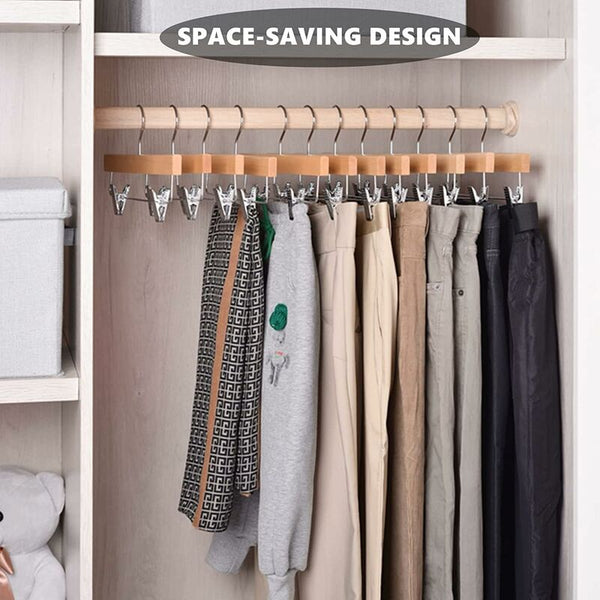 Home 10 Pack 32Cm Natural Wooden Hangers For Pants Skirts Socks Underwear Non Slip With Clips Clothes Hangers
