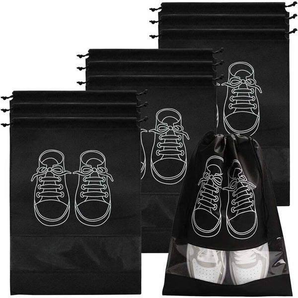 Travel Shoe Bag Waterproof Dustproof Fleece Set With Clear Window And Drawstring (32X44cm) 10 Pcs Black Shoe Bags
