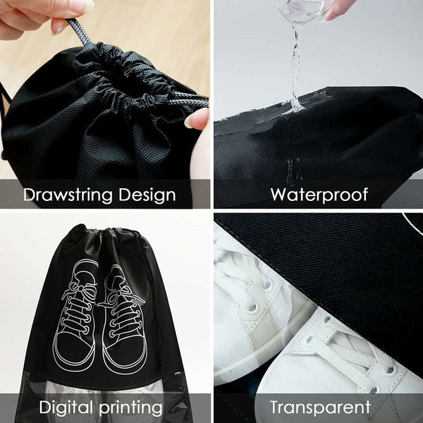 Travel Shoe Bag Waterproof Dustproof Fleece Set With Clear Window And Drawstring (32X44cm) 10 Pcs Black Shoe Bags