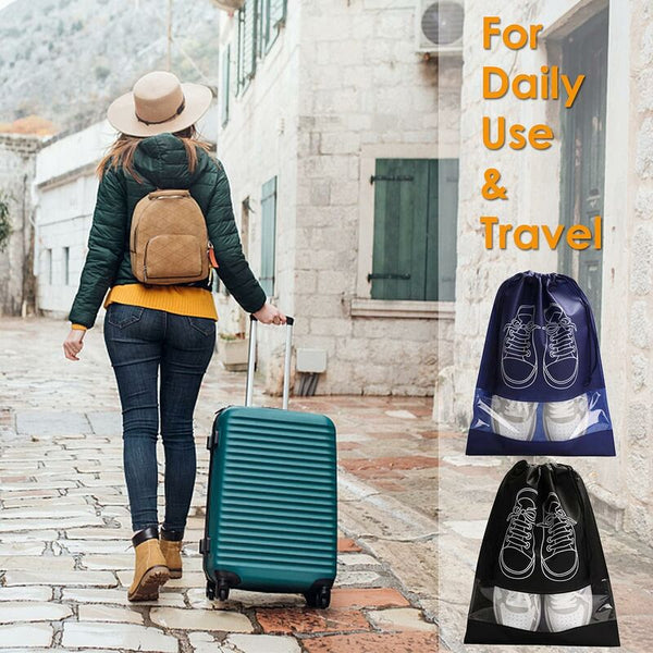 Travel Shoe Bag Waterproof Dustproof Fleece Set With Clear Window And Drawstring (32X44cm) 10 Pcs Black Shoe Bags