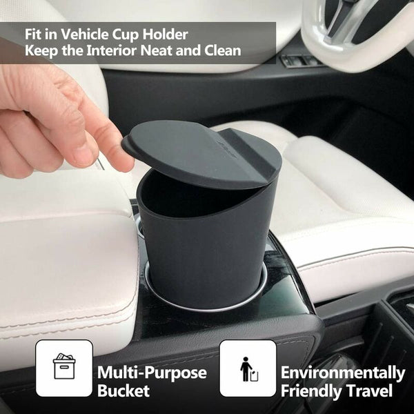 Car Trash Can With Lid Cup Holder & Door Pocket Bin Black Rubbish Bins