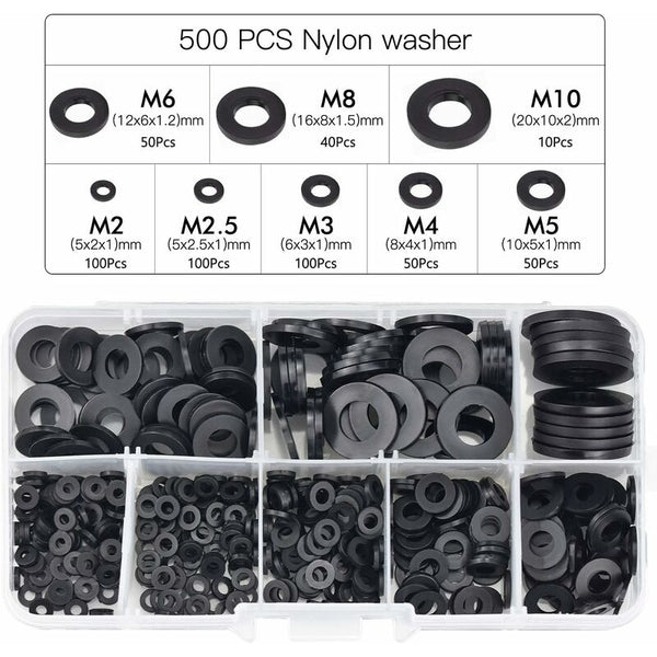 500 Pcs Black Plastic Lock Washers Assortment M2.5 M10 Screws & Bolts