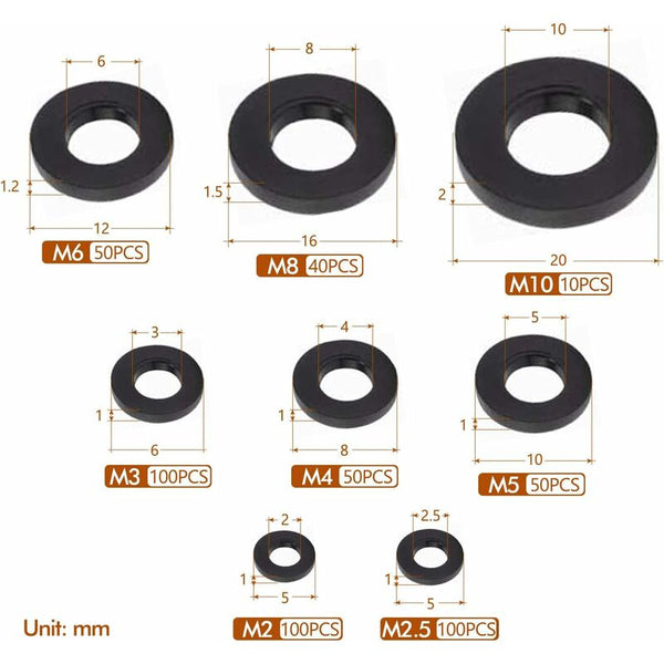 500 Pcs Black Plastic Lock Washers Assortment M2.5 M10 Screws & Bolts