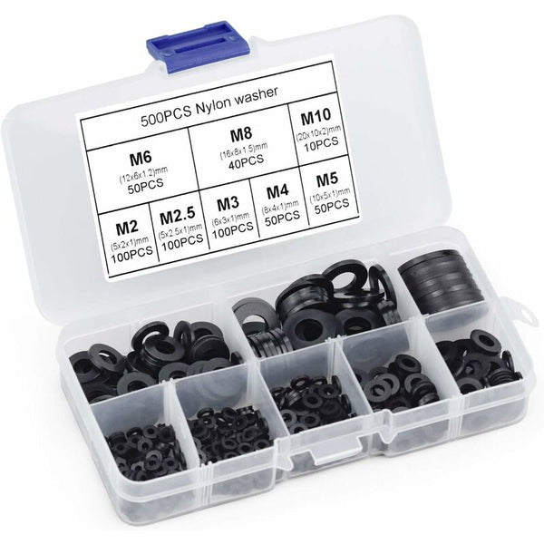 500 Pcs Black Plastic Lock Washers Assortment M2.5 M10 Screws & Bolts