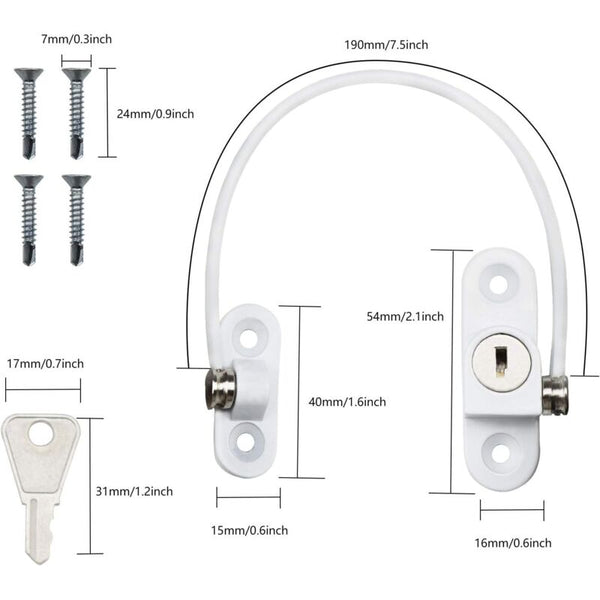 Security Lock Furniture Door Window 2 Pcs With Key White Cable Restrictor 190Mm Baby Child Safety Door Locks & Lock Mechanisms