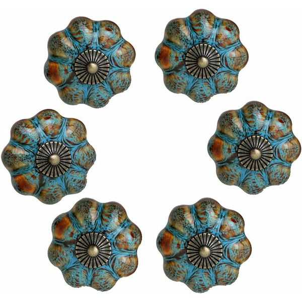 6 Pcs Ceramic Glazed Door Handles For Cabinets Bathrooms Wardrobes Drawers (Blue) Door Knobs
