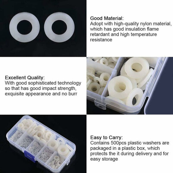 Nylon Washer Assortment M2.5 M10 520 Pcs Flat & Round Spacers Screws & Bolts
