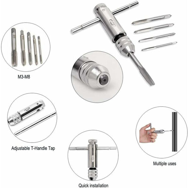 T Bar Handle Ratchet Tap Holder Adjustable Wrench With 5 Pcs M3 M8 3Mm 8Mm Metric Shaped Plug Machine Screw Ratchet Wrenches