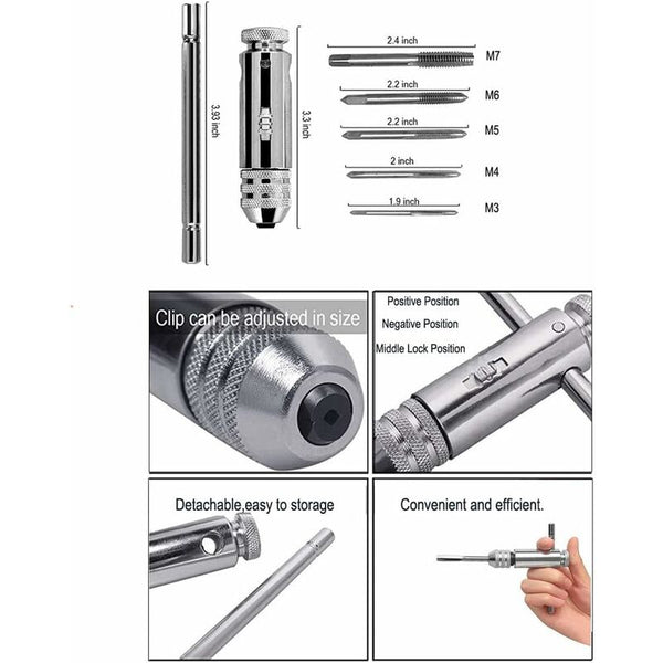 T Bar Handle Ratchet Tap Holder Adjustable Wrench With 5 Pcs M3 M8 3Mm 8Mm Metric Shaped Plug Machine Screw Ratchet Wrenches