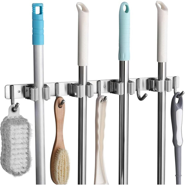 Stainless Steel Wall Mounted Broom Holder Hanger With 4 Slots And 5 Hooks For Kitchen Bathroom Hooks & Hangers