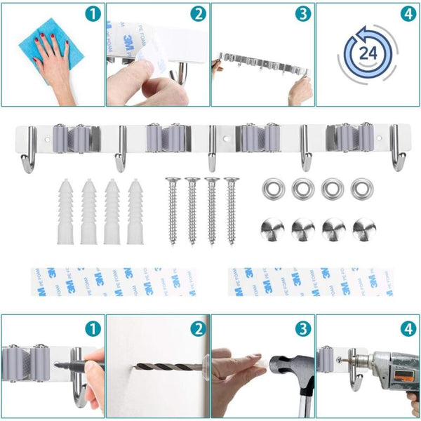 Stainless Steel Wall Mounted Broom Holder Hanger With 4 Slots And 5 Hooks For Kitchen Bathroom Hooks & Hangers